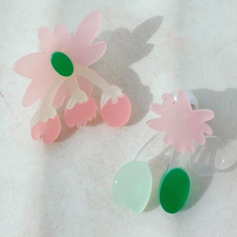 Acrylic Resin Flower Asymmetrical Earrings Art-to-Wear Statement Pink